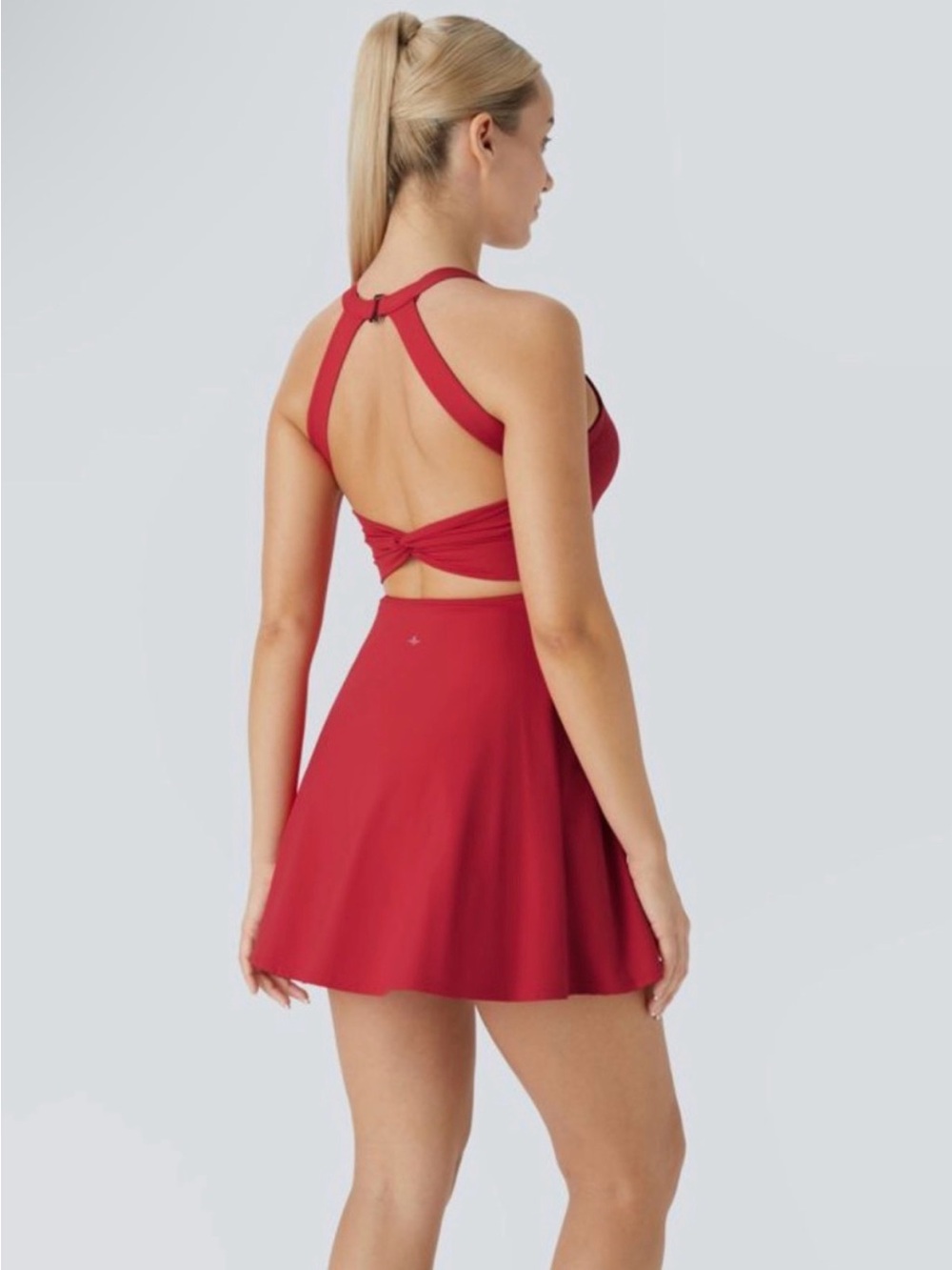 Halara In My Feels Halter Dress Red Backless Cutout Built-in Shorts Bra Large